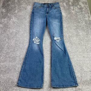 Hollister Jeans Women’s 4 Long Blue Flare High Rise Medium Wash Ripped Stretch